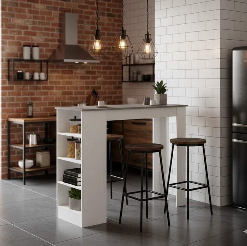 Tavolo snack alto con 3 ripiani laterali 112x49.6x103.5H colore bianco e cemento Kivo