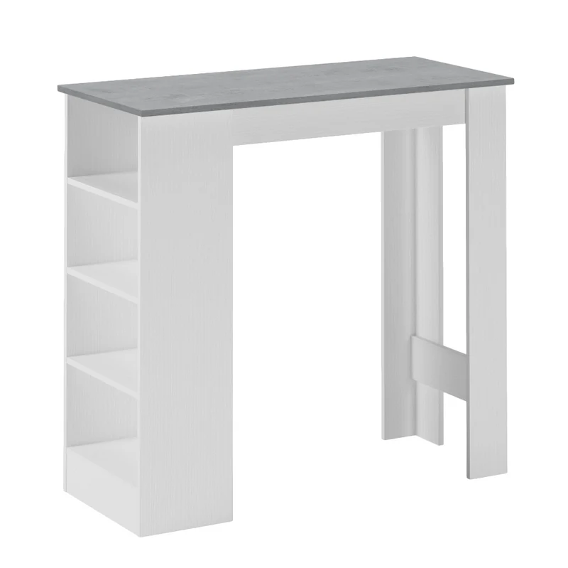 Tavolo snack alto con 3 ripiani laterali 112x49.6x103.5H colore bianco e cemento Kivo