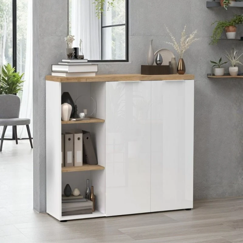 Madia 2 ante e vani a giorno 120x34x115H colore bianco lucido e rovere Cadiz Cannella