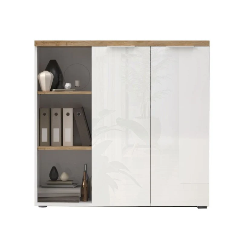 Madia 2 ante e vani a giorno 120x34x115H colore bianco lucido e rovere Cadiz Cannella