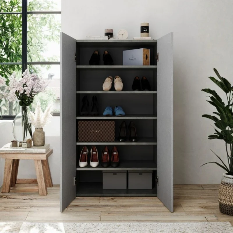 Scarpiera con 5 ripiani e 2 ante 63x35x114H colore ghisa e pietra Brex