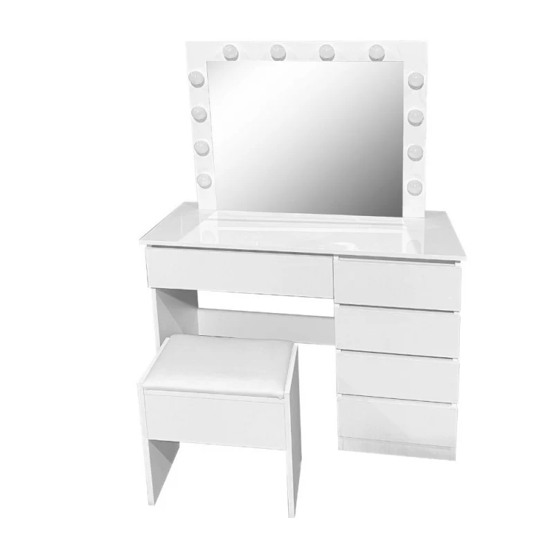 Toeletta da trucco con specchio led e sgabello 94X43X140H colore bianco lucido Aurora
