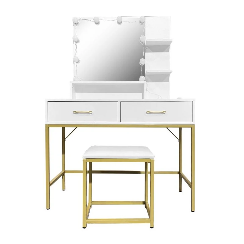 Toeletta da trucco con LED e sgabello 80x40x145H colore bianco e oro Lunar