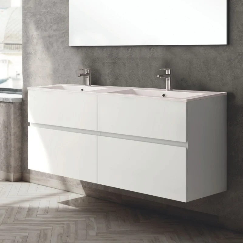 Mobile bagno sospeso doppio lavabo 4 cassetti 140x45x59H colore bianco Londres