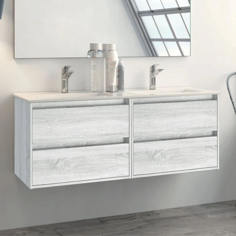 Mobile bagno sospeso doppio lavabo 4 cassetti 120x45x48H colore rovere grigio ghiaccio Bolton