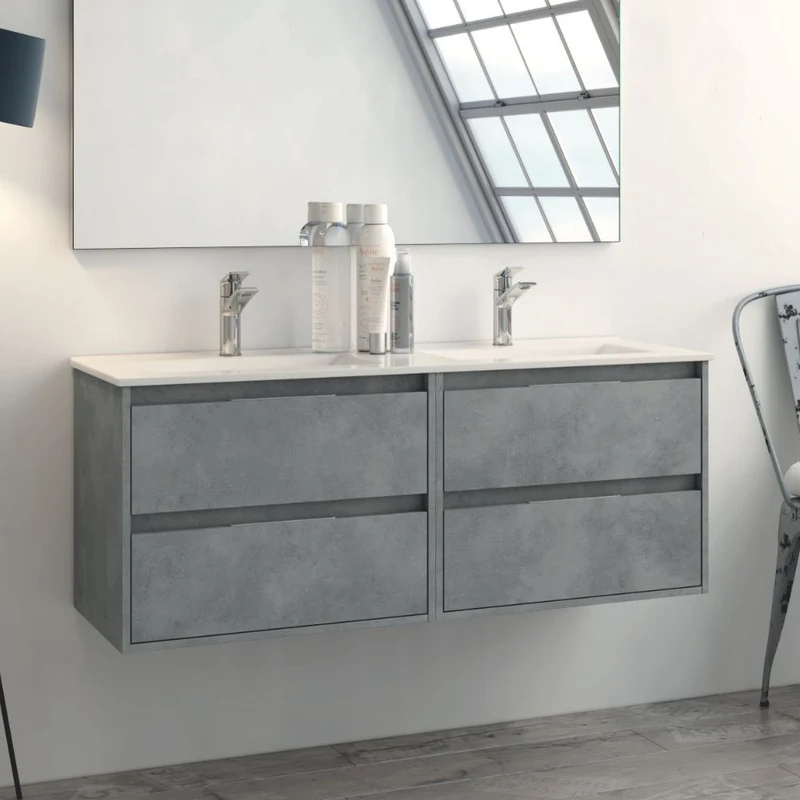 Mobile bagno sospeso doppio lavabo 4 cassetti 120x45x48H colore grigio cemento Bolton