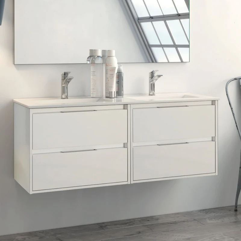 Mobile bagno sospeso doppio lavabo 4 cassetti 120x45x48H bianco laccato lucido Bolton