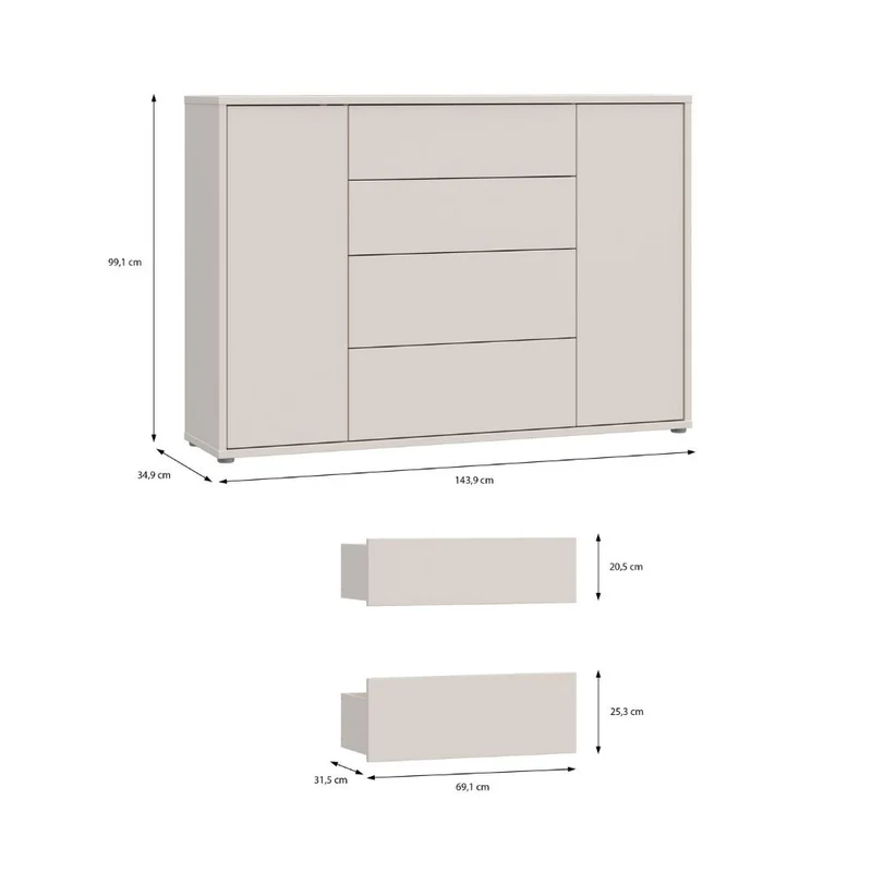 Madia 4 cassetti e 2 ante colore cashmere 144x35x99