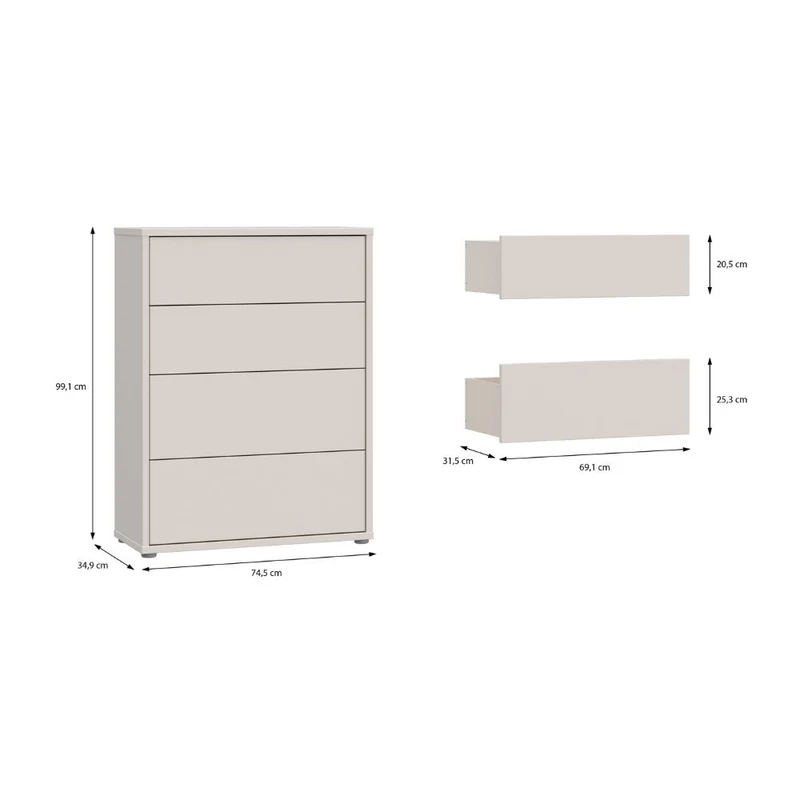 Cassettiera 4 cassetti colore cashmere 75x35x99 Medea