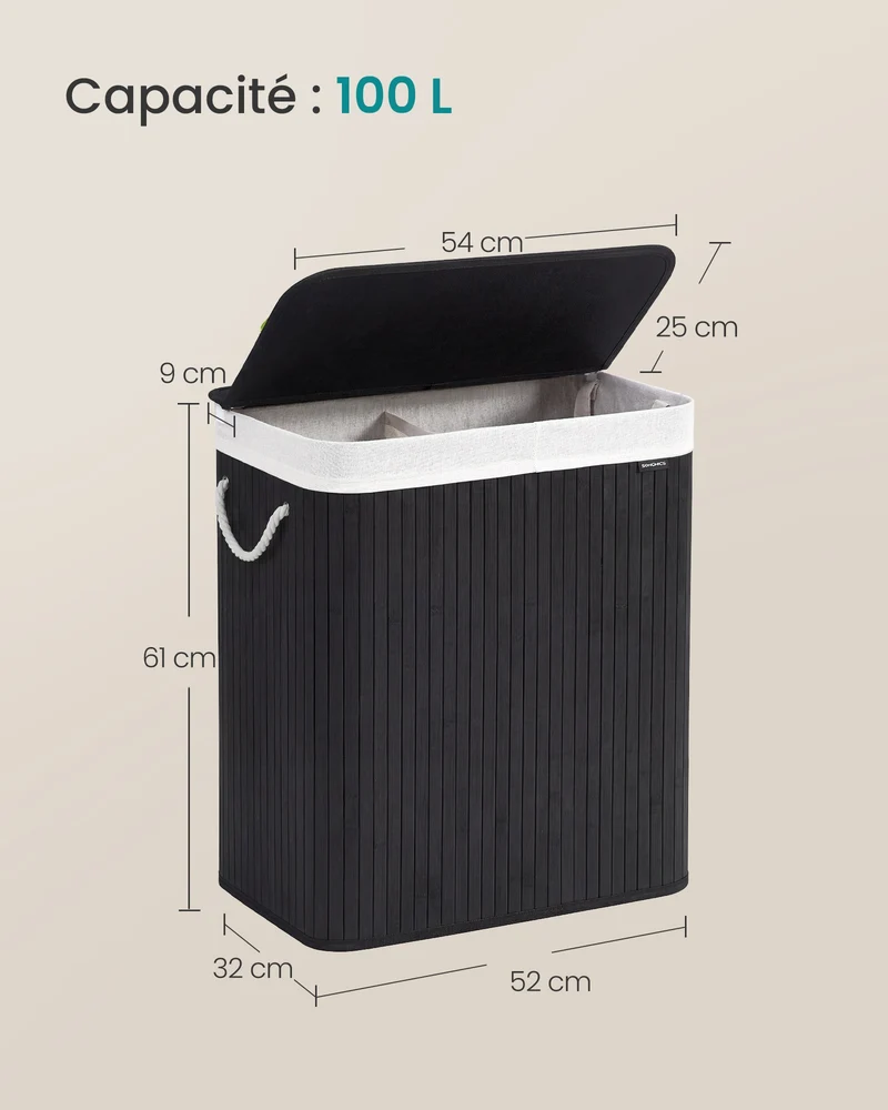 Panier à linge pliable 54 x 34 x 61 cm avec 2 compartiments pour buanderie ambiance naturelle en bambou noir 12_0008132