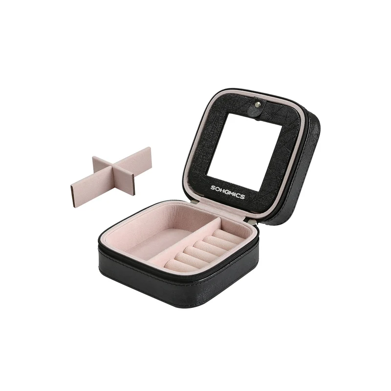Boîte à bijoux compacte pour voyage 11 x 11 x 6 cm pratique rangement accessoires en simili cuir noir 12_0008073