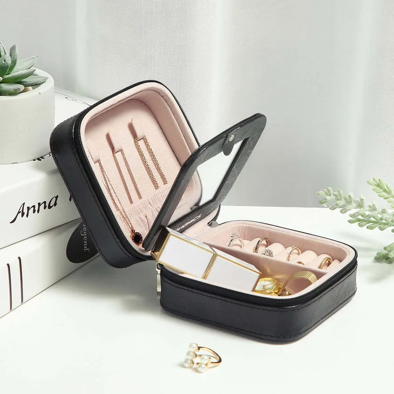 Boîte à bijoux compacte pour voyage 11 x 11 x 6 cm pratique rangement accessoires en simili cuir noir 12_0008073