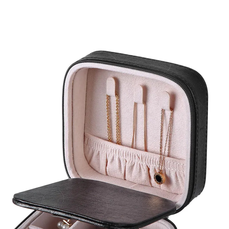 Boîte à bijoux compacte pour voyage 11 x 11 x 6 cm pratique rangement accessoires en simili cuir noir 12_0008073
