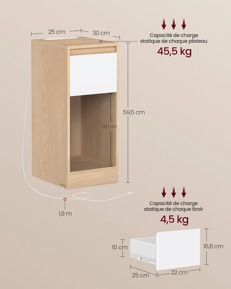 Table de chevet étroite fonctionnelle avec tiroir et éclairage LED 30 x 25 x 59,5 cm en aggloméré jaune amande 12_0013049