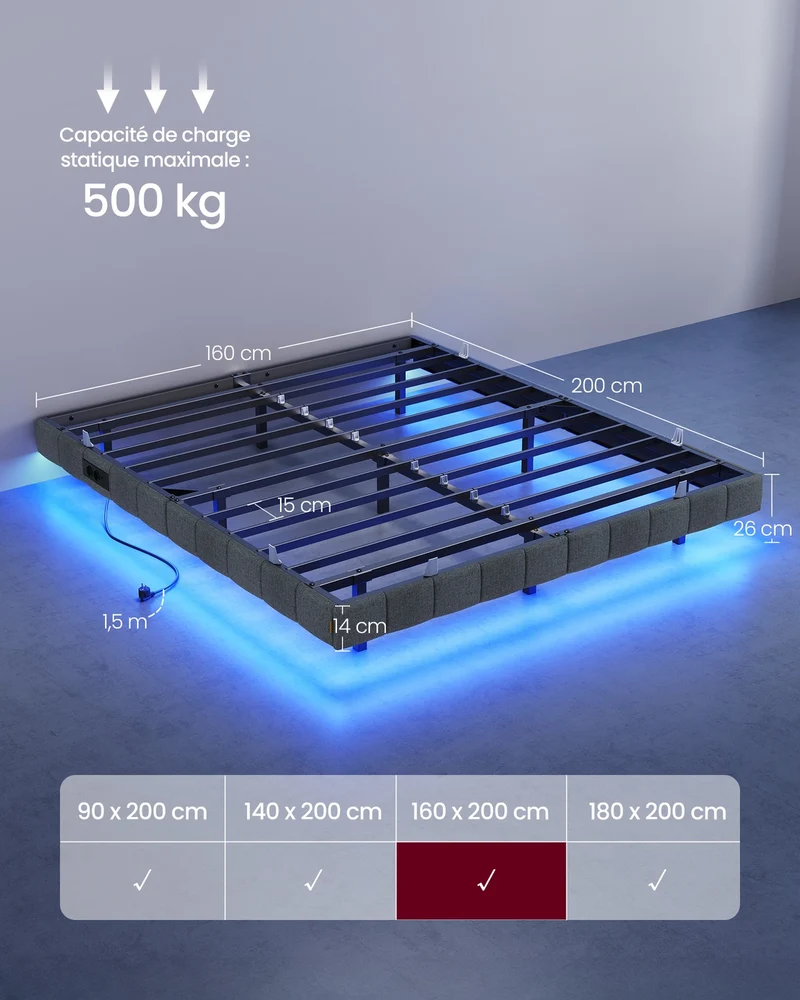 Lit flottant 200 x 160 x 26 cm avec éclairage LED et capitonnage doux ambiance moderne en tissu polyester gris ardoise 12_0012686