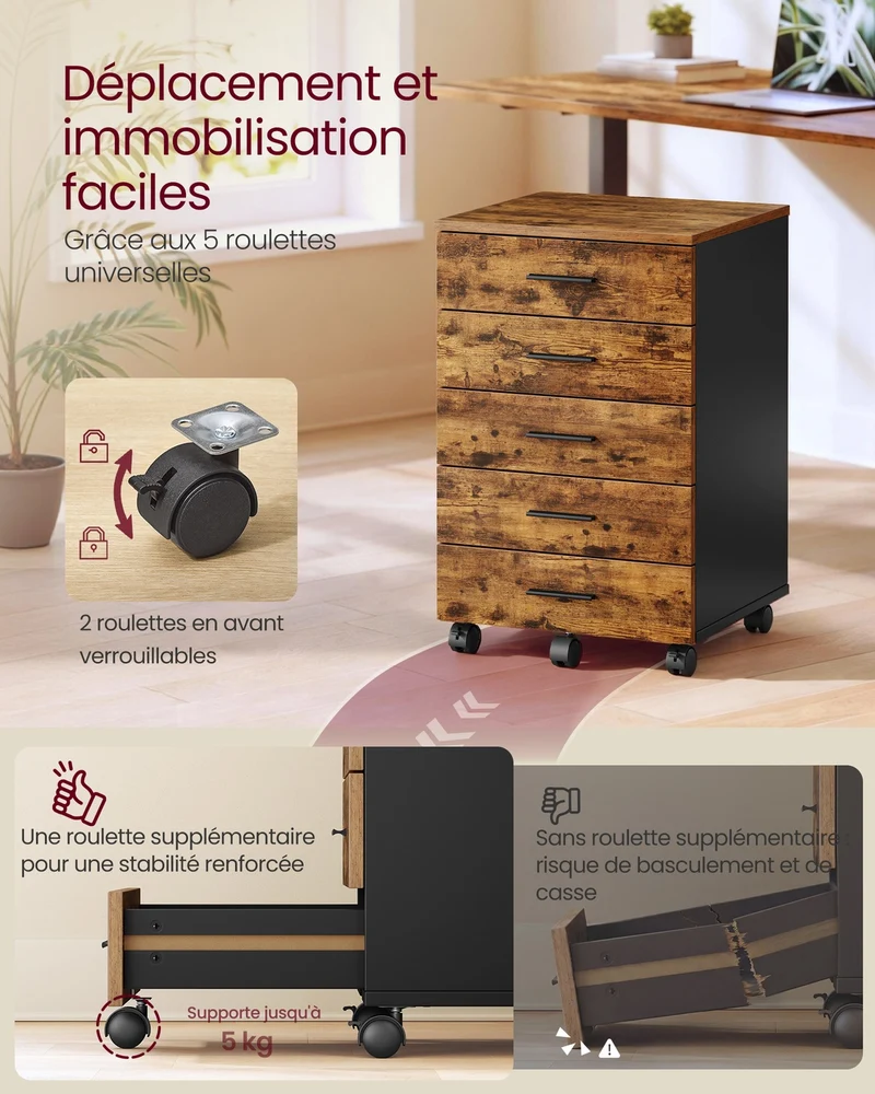 Caisson de bureau à roulettes rangement 40 x 42 x 65,7 cm pratique et élégant style rustique en aggloméré marron 12_0012109