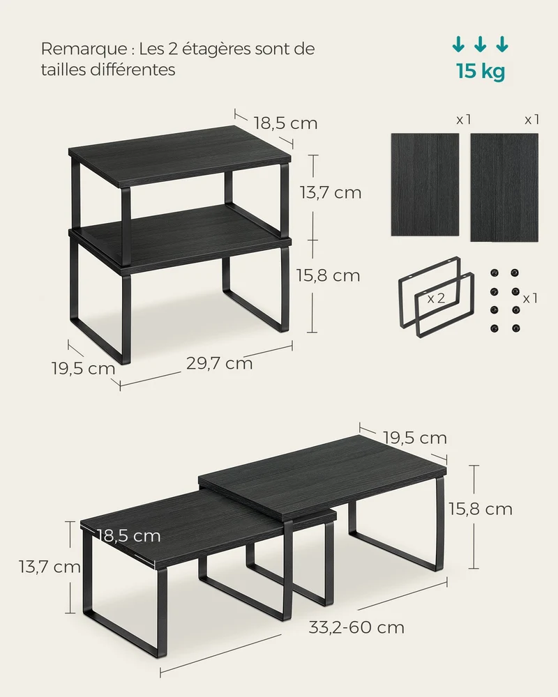 Lot de 4 étagères de rangement extensibles cuisine 19,5 x 29,7 x 15,8 cm en métal noir 12_0011191