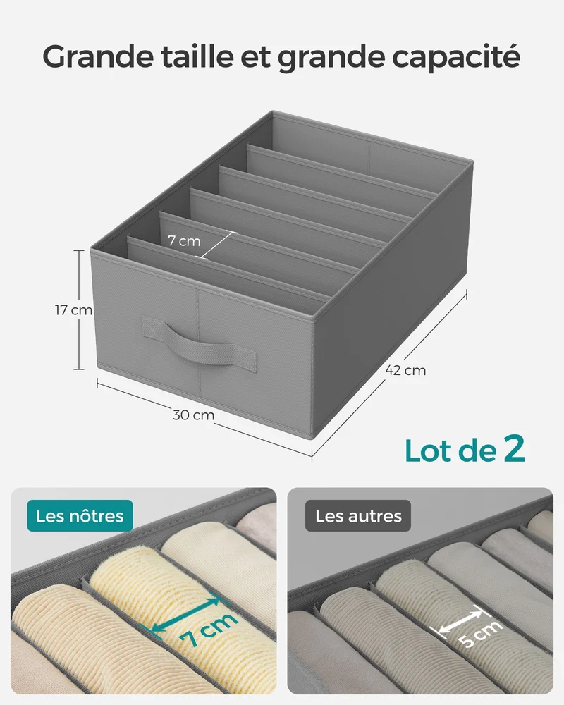 Lot de 4 organisateurs à 6 compartiments rangement vêtements 42 x 30 x 17 cm en tissu non-tissé gris tourterelle 12_0011017