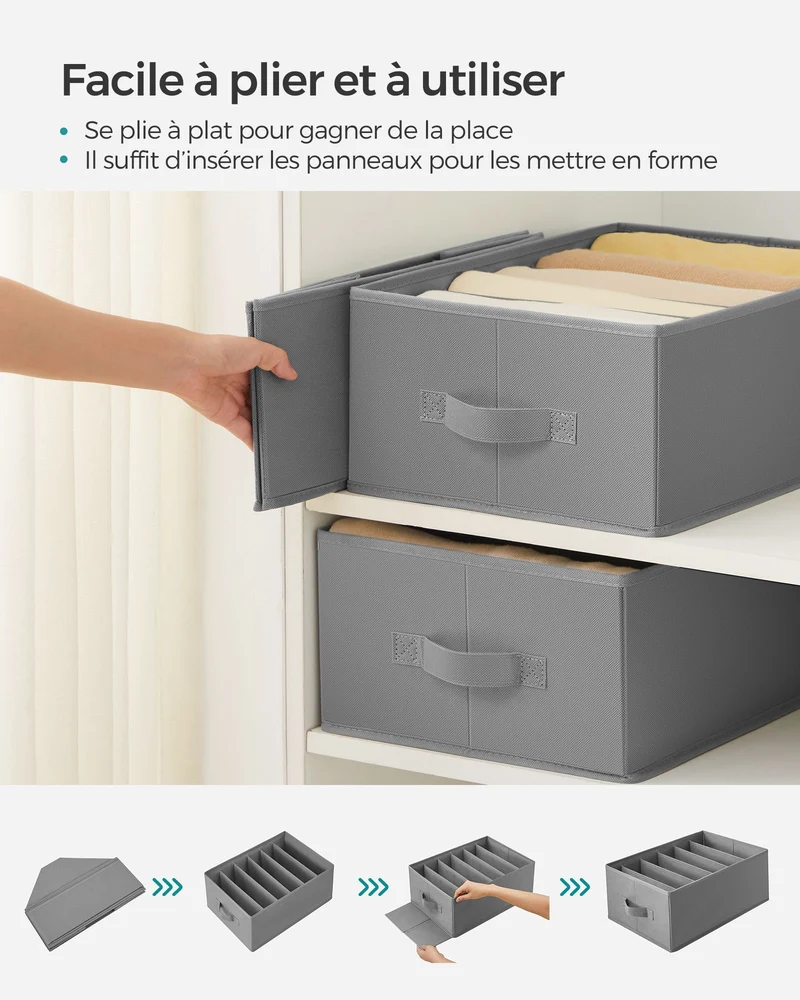 Lot de 4 organisateurs à 6 compartiments rangement vêtements 42 x 30 x 17 cm en tissu non-tissé gris tourterelle 12_0011017