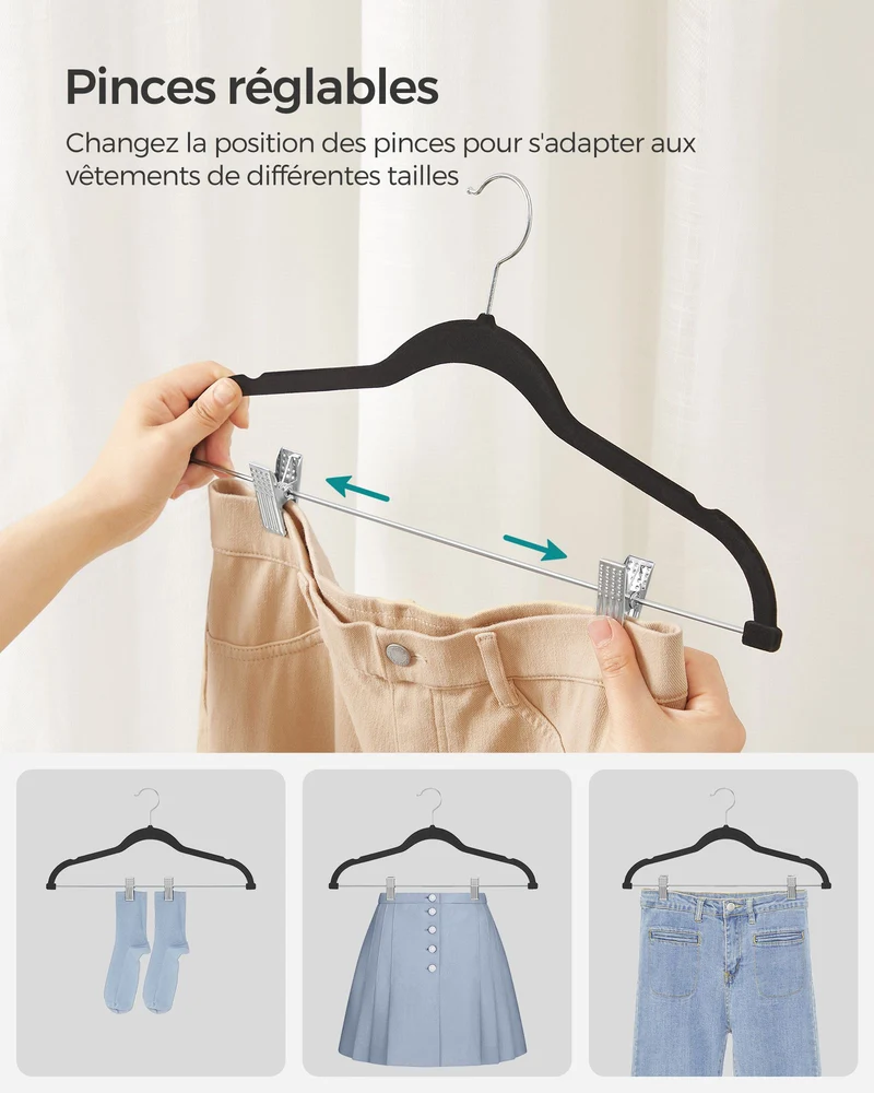 Lot de 12 cintres en velours gain de place 42,5 x 23,5 cm pour costumes manteaux adaptés en plastique noir 12_0010330