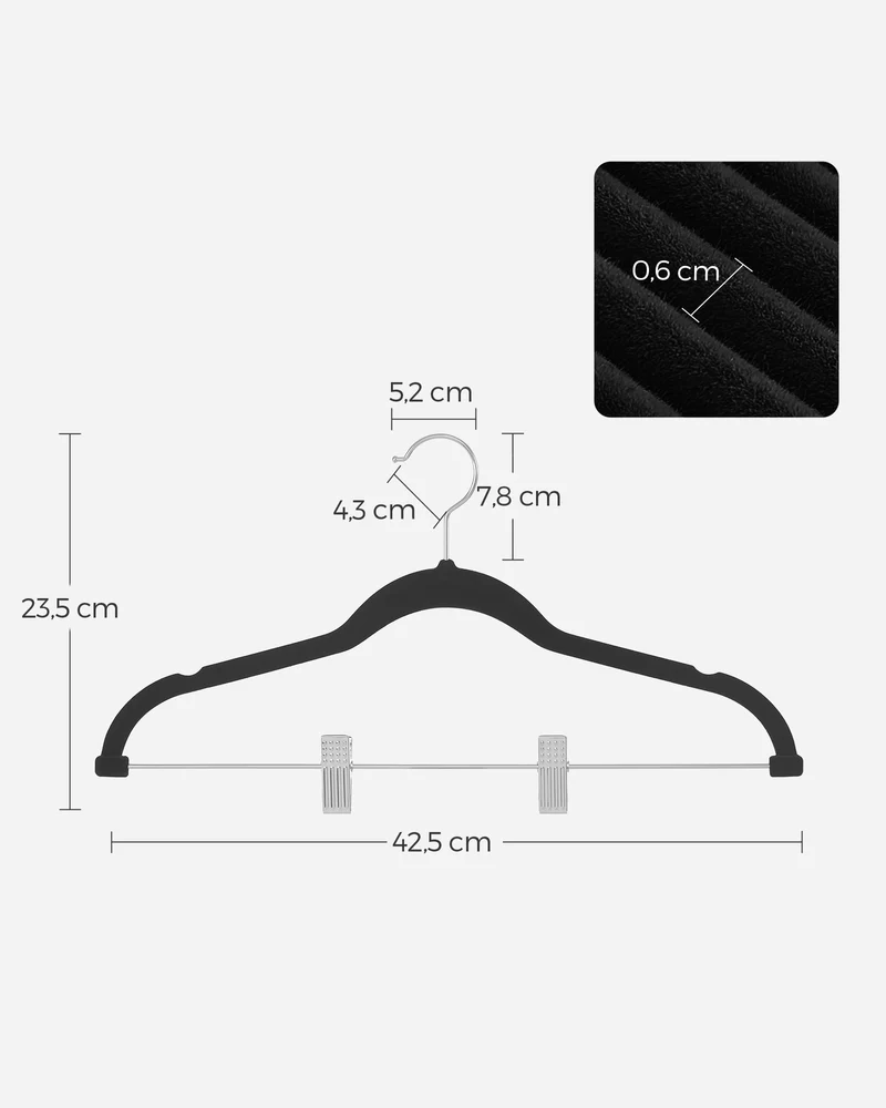 Lot de 12 cintres en velours gain de place 42,5 x 23,5 cm pour costumes manteaux adaptés en plastique noir 12_0010330