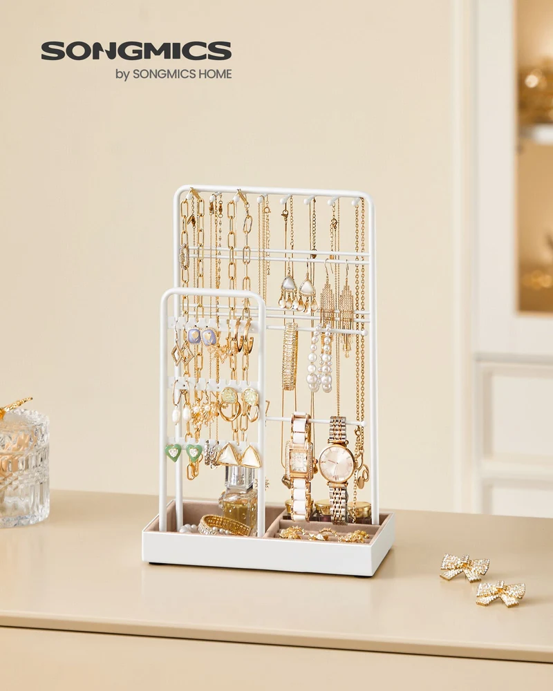 Porte-bijoux organisateur pour colliers bracelets boucles d'oreilles 11,5 x 19,6 x 30,8 cm en métal blanc 12_0010268