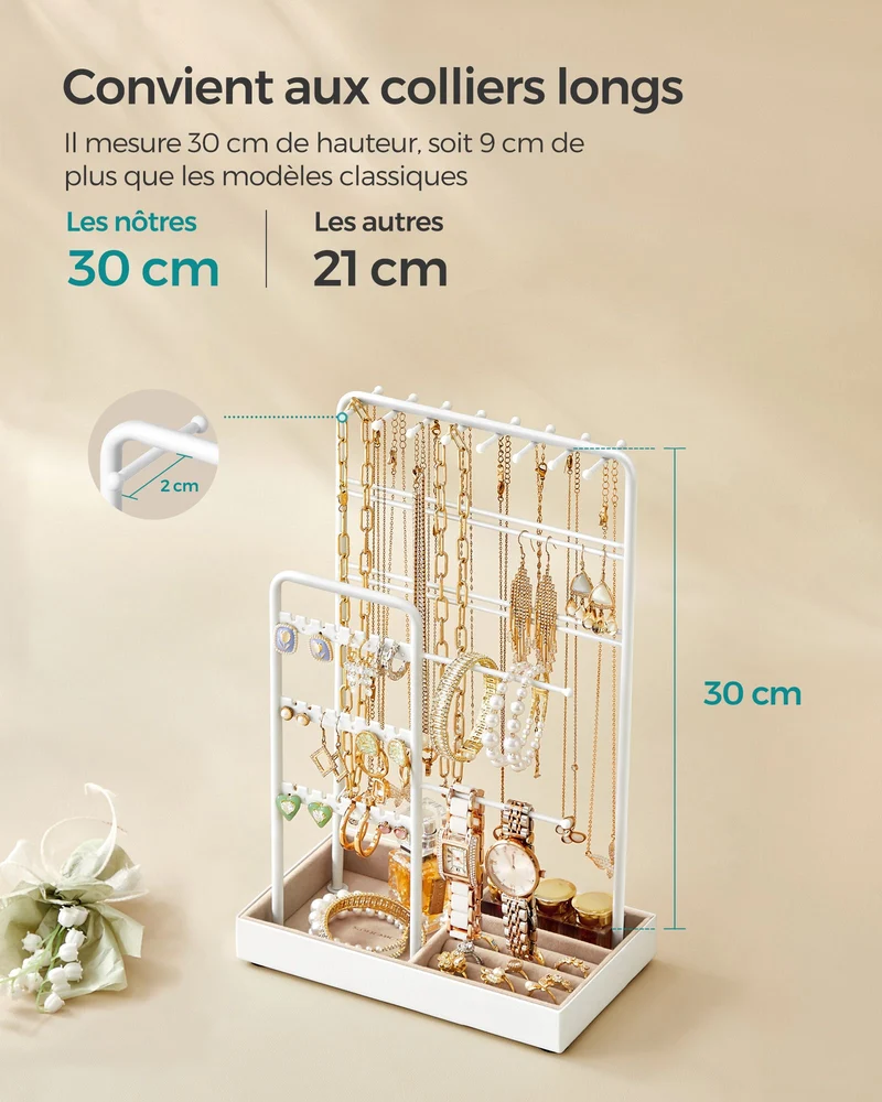 Porte-bijoux organisateur pour colliers bracelets boucles d'oreilles 11,5 x 19,6 x 30,8 cm en métal blanc 12_0010268