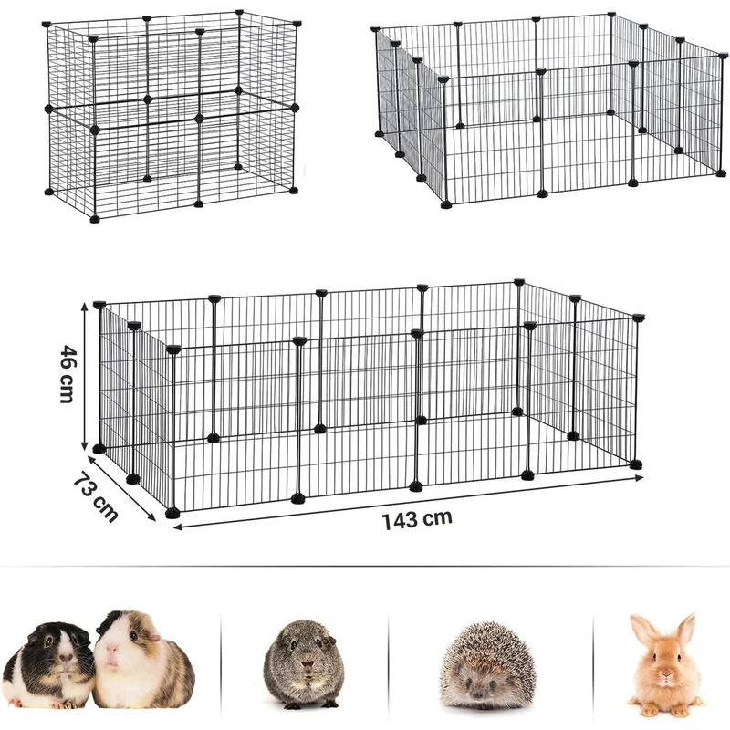Enclos modulable pour petits animaux intérieur 143 x 73 x 46 cm espace sécurisé personnalisable moderne en métal noir 12_0008704