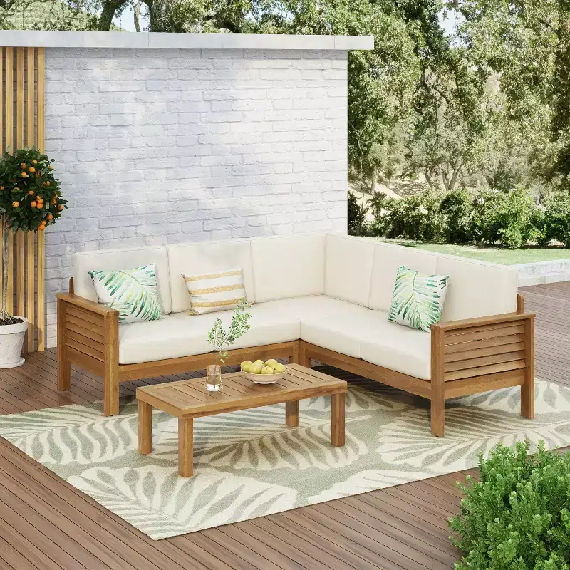 Christopher Knight Home Percy, ensemble de 4 meubles de patio en bois d'acacia, canapé d'angle en L rembourré avec table basse