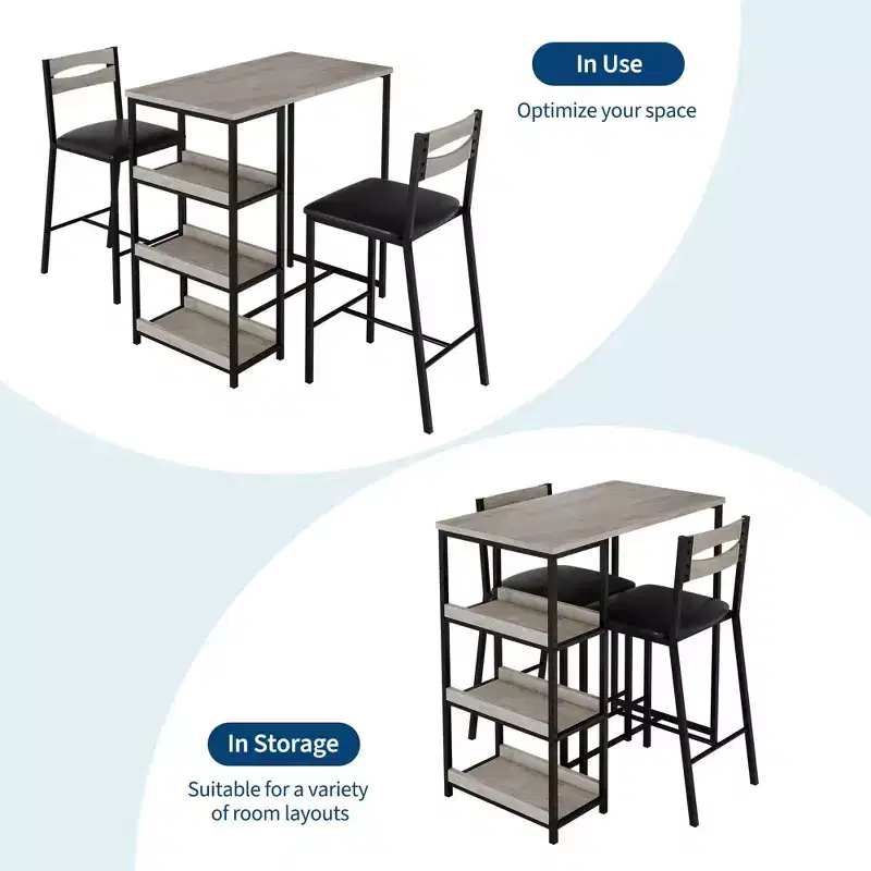 Ensemble de table de cuisine 3 pièces avec étagères de rangement et 2 chaises rembourrées - Table à manger en fer et bois pour petits espaces, appartements, copropriétés