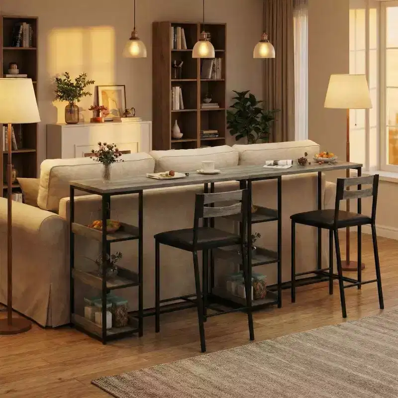Ensemble de table de cuisine 3 pièces avec étagères de rangement et 2 chaises rembourrées - Table à manger en fer et bois pour petits espaces, appartements, copropriétés