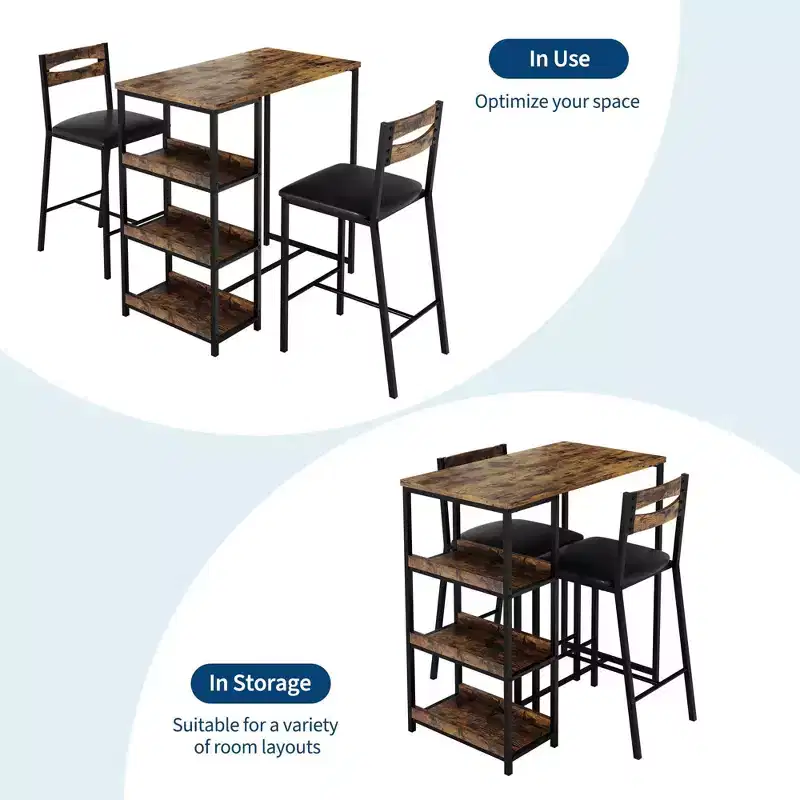 Ensemble de table de cuisine 3 pièces avec étagères de rangement et 2 chaises rembourrées - Table à manger en fer et bois pour petits espaces, appartements, copropriétés