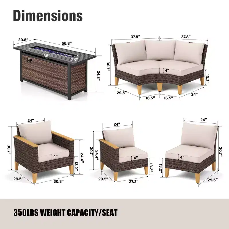 Captiva Designs Ensemble de conversation d'extérieur 9 pièces en osier/rotin, sectionnel demi-lune incurvé avec table brasero