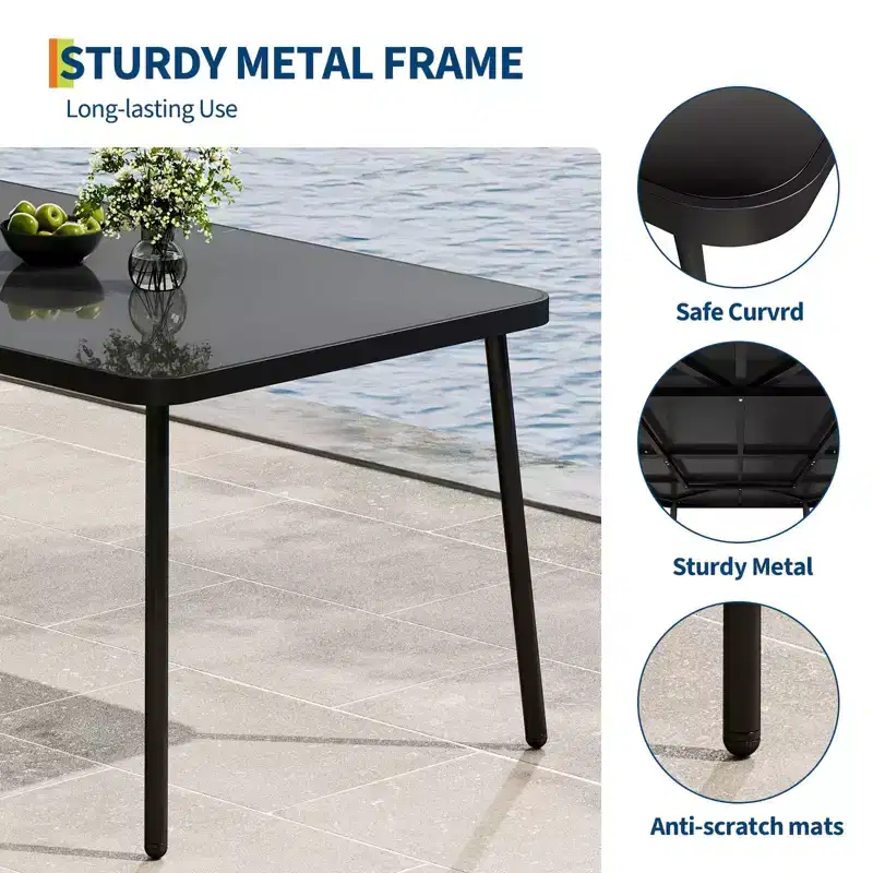 Ensemble de salle à manger d'extérieur 7 pièces avec coussins gris, table en verre trempé et chaises en rotin PE résistant aux intempéries pour patio, jardin, bord de piscine