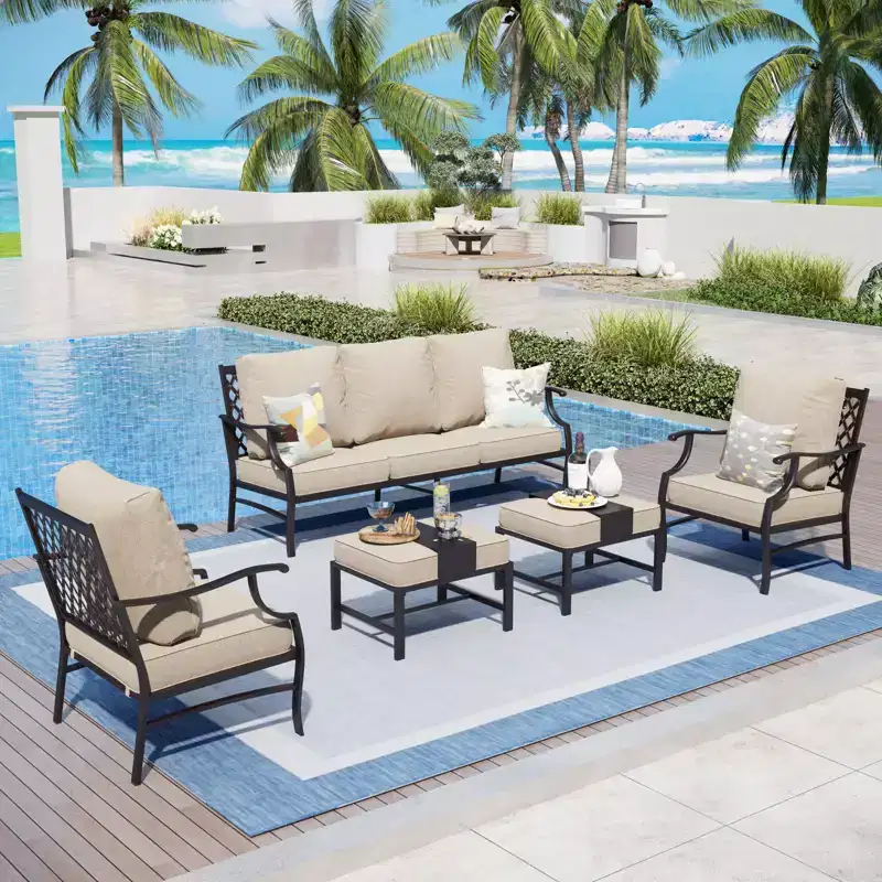 Captiva Designs Salon de conversation d'extérieur 5 pièces en métal avec fauteuils et ottomans à dossier grillagé