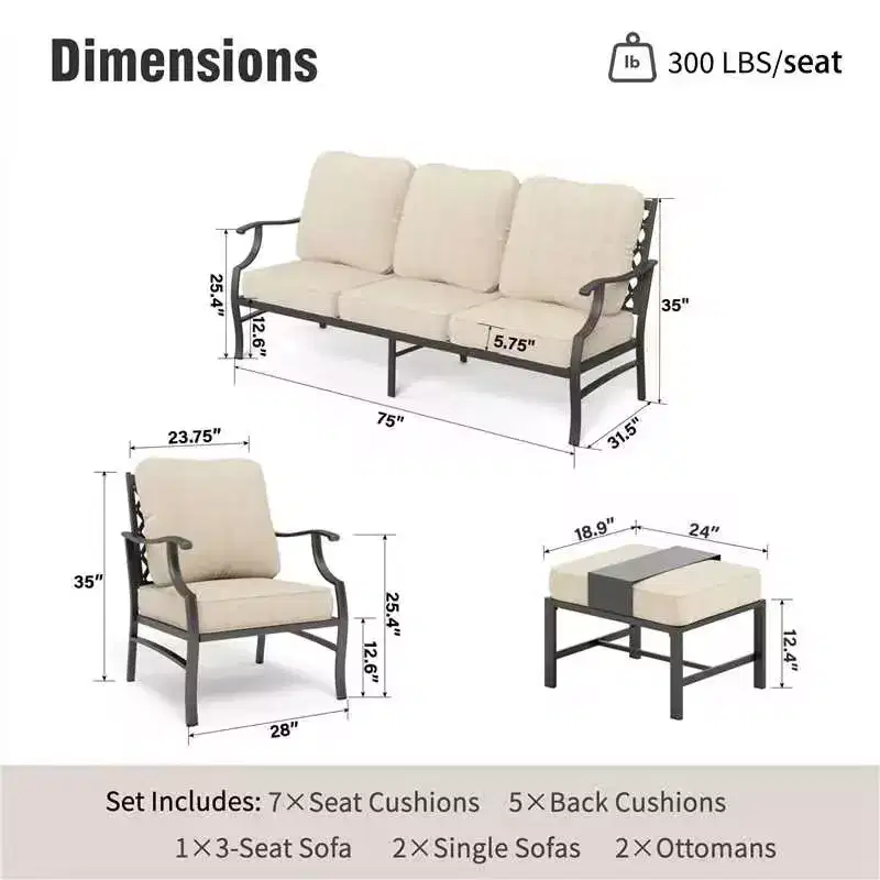 Captiva Designs Salon de conversation d'extérieur 5 pièces en métal avec fauteuils et ottomans à dossier grillagé