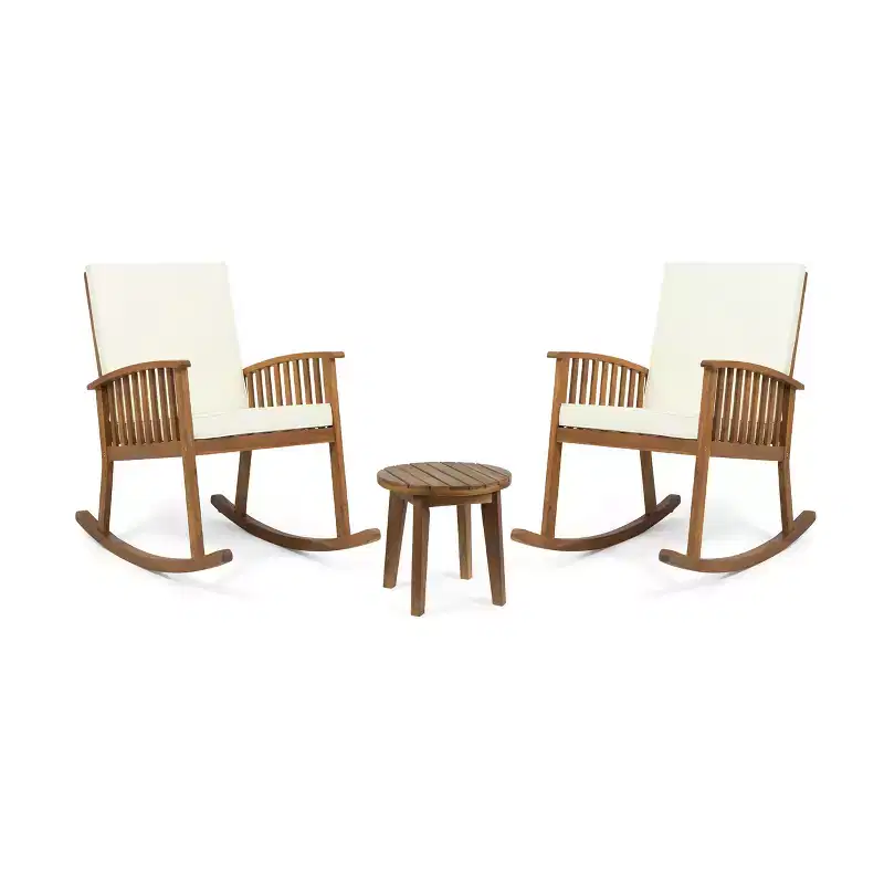 Ensemble de conversation 3 pièces en bois d'acacia d'extérieur avec coussins et fauteuils à bascule Abbottsford de Christopher Knight Home, marron/crème