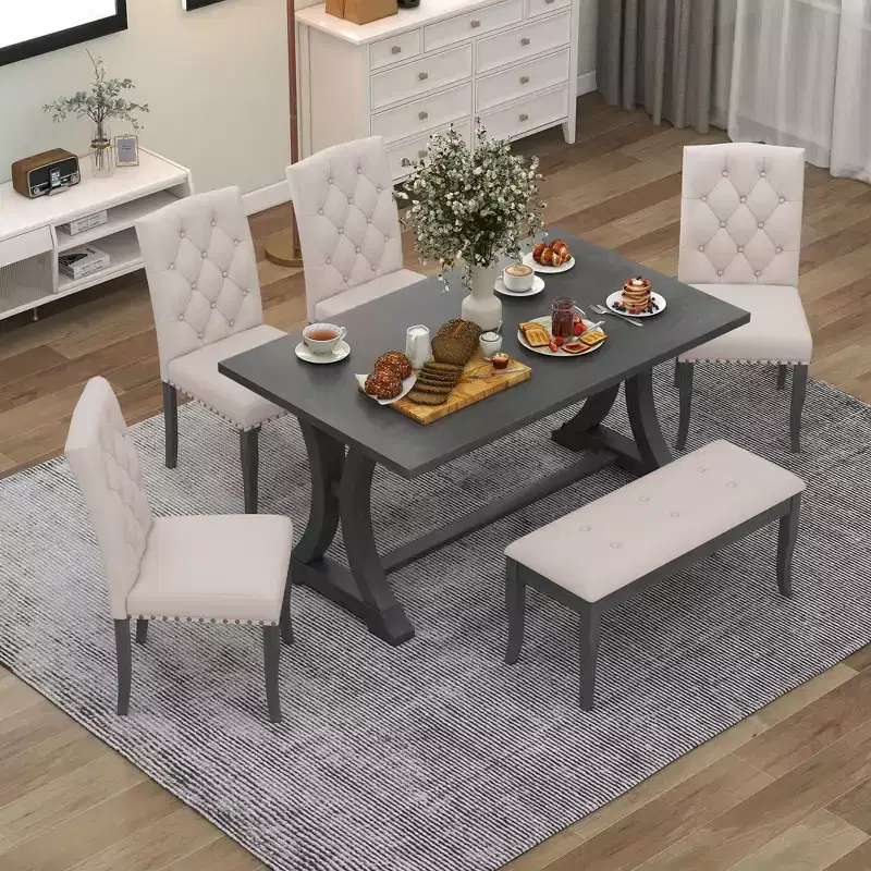 Ensemble de salle à manger GDFStudio Thomas 6 pièces style ferme avec chaises et banc rembourrés