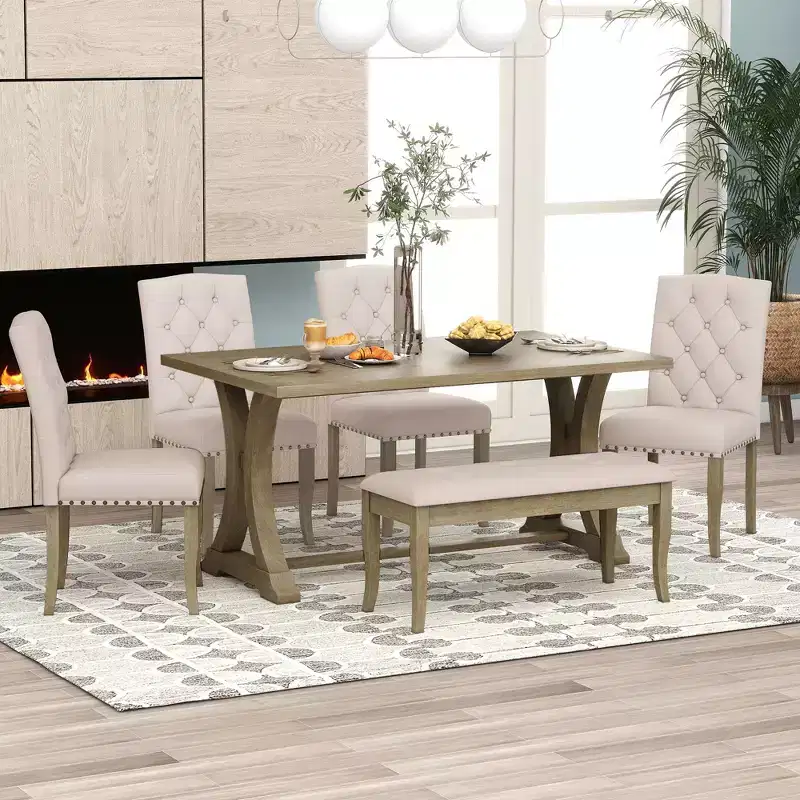 Ensemble de salle à manger GDFStudio Thomas 6 pièces style ferme avec chaises et banc rembourrés