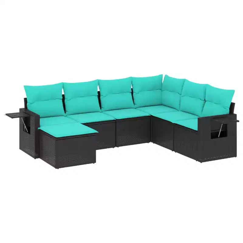 vidaXL Salon de jardin noir, rotin PE bleu, acier thermolaqué 7 pièces