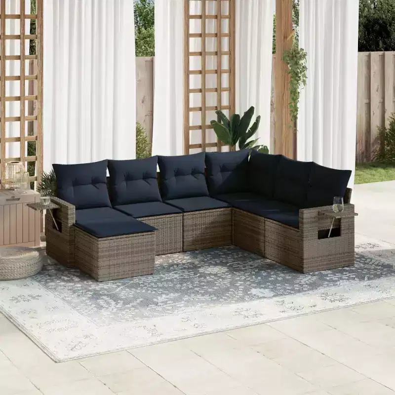 vidaXL Salon de jardin noir, rotin PE bleu, acier thermolaqué 7 pièces