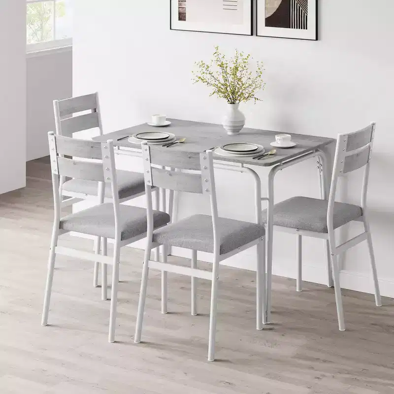 Ensemble de salle à manger 5 pièces pour 4 personnes, table et chaises carrées compactes, plateau robuste en MDF, cadre métallique, ensemble petit-déjeuner peu encombrant