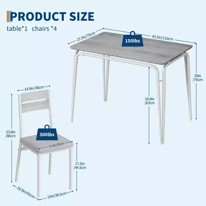 Ensemble de salle à manger 5 pièces pour 4 personnes, table et chaises carrées compactes, plateau robuste en MDF, cadre métallique, ensemble petit-déjeuner peu encombrant