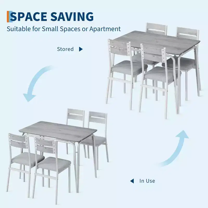 Ensemble de salle à manger 5 pièces pour 4 personnes, table et chaises carrées compactes, plateau robuste en MDF, cadre métallique, ensemble petit-déjeuner peu encombrant