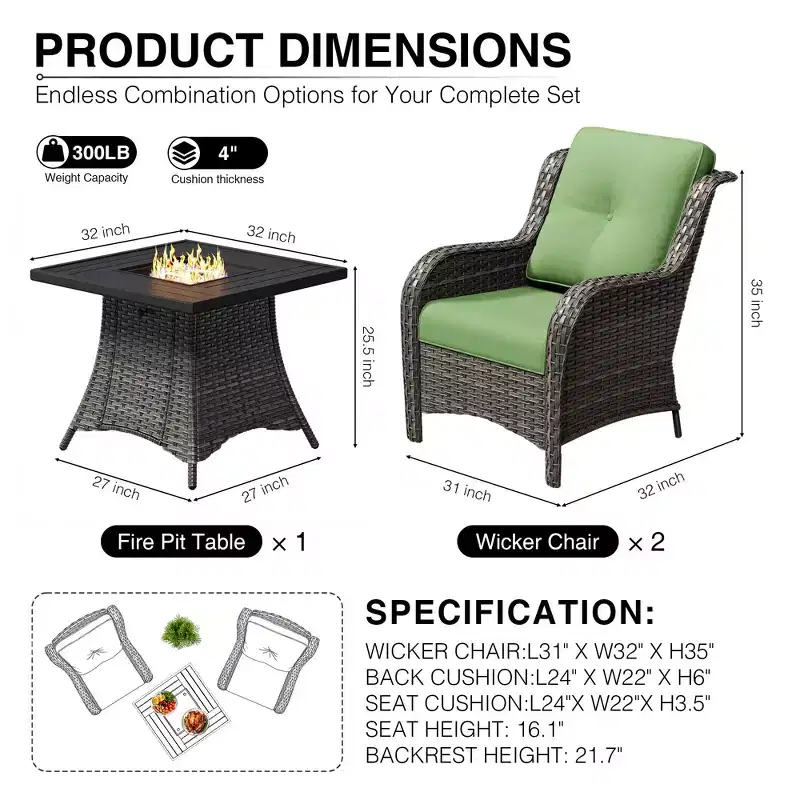 Ensemble de 2 chaises en osier d'extérieur UPTIOT avec table foyer et coussins tout temps