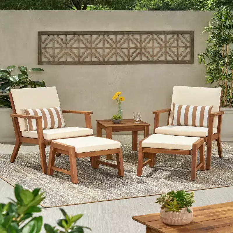 Christopher Knight Home Temecula Ensemble de conversation 5 pièces pour extérieur avec fauteuil de club et ottoman en bois d'acacia avec coussins