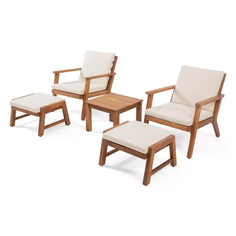 Christopher Knight Home Temecula Ensemble de conversation 5 pièces pour extérieur avec fauteuil de club et ottoman en bois d'acacia avec coussins