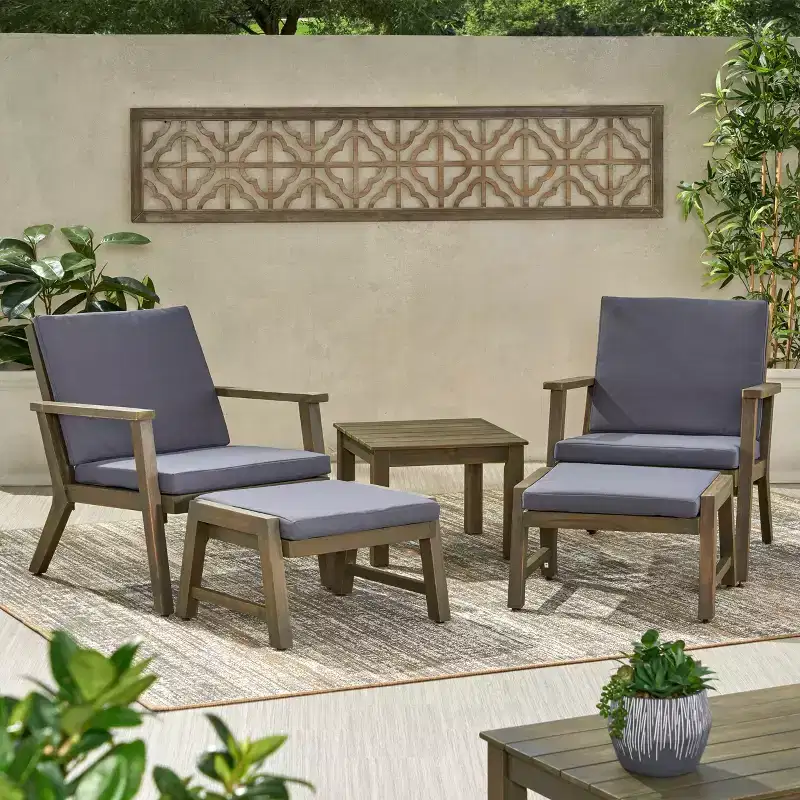 Christopher Knight Home Temecula Ensemble de conversation 5 pièces pour extérieur avec fauteuil de club et ottoman en bois d'acacia avec coussins