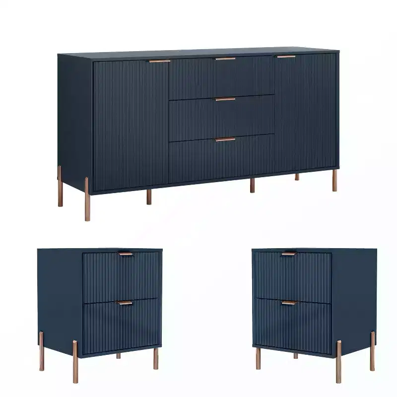 Festivo Ensemble 3 pièces élégance moderne : 2 tables de nuit à 2 tiroirs et commode à 3 tiroirs bleu marine