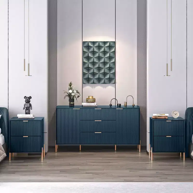 Festivo Ensemble 3 pièces élégance moderne : 2 tables de nuit à 2 tiroirs et commode à 3 tiroirs bleu marine